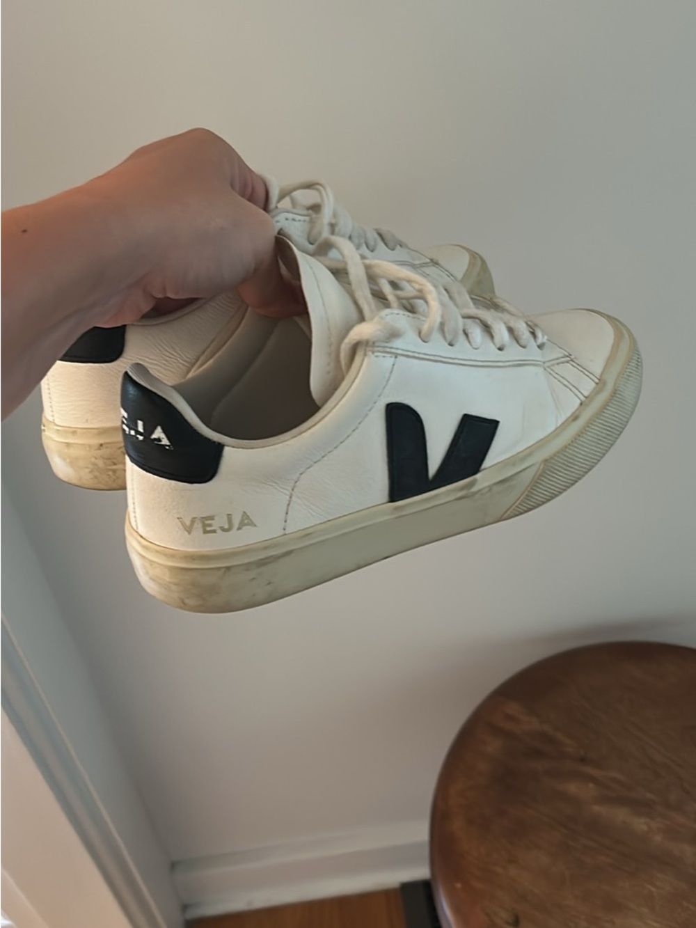 Veja Women's White Leather Sneakers with Black V Heel Detail